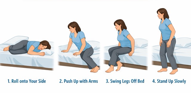 How to safely get out of bed: step-by-step guide illustrated for proper morning routine and injury prevention education.